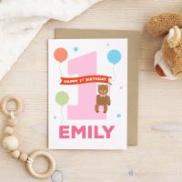 1st birthday girl card, Animal 1st birthday card, personalised girls 1st birthday card, First Birthday Card, cute animal card, birthday bear