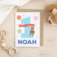 1st birthday boy card, Animal 1st birthday card, personalised boy 1st birthday card, First Birthday Card, cute animal card, birthday bear