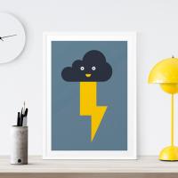 Lightning Bolt Print - Cloud Print, Baby Art Print, Weather, Boys Room Decor, Kids Room, Wall Art, Nursery Print, Blue