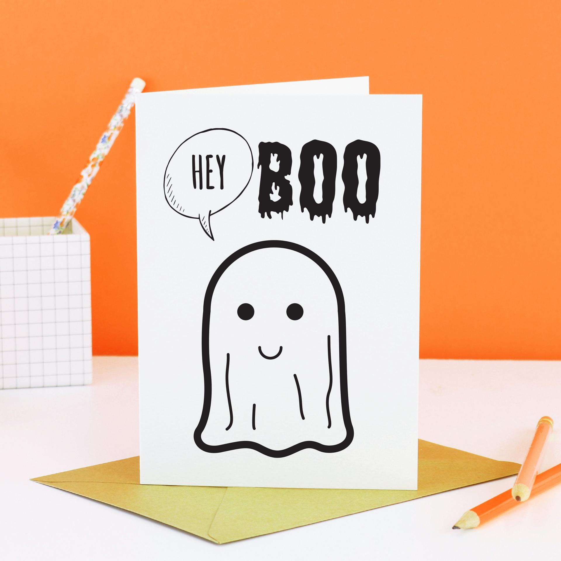 Cute ghost Halloween card for boyfriend, boyfriend halloween gift, halloween card for him, Hey Boo Card, Funny Halloween Card