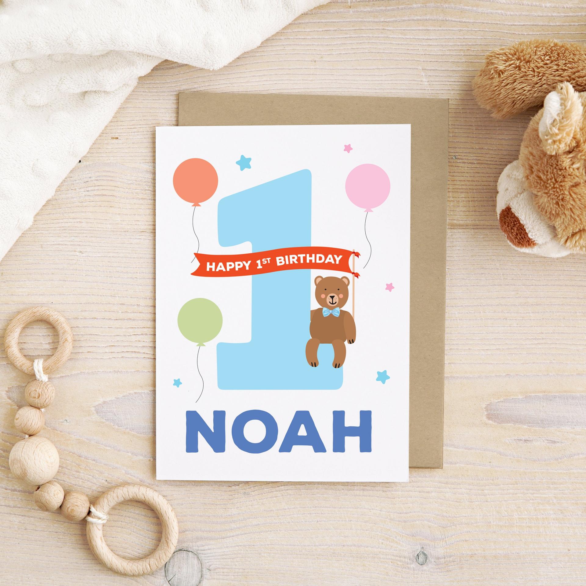 1st birthday boy card, Animal 1st birthday card, personalised boy 1st birthday card, First Birthday Card, cute animal card, birthday bear