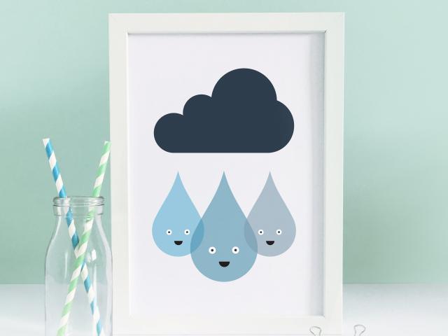 Cloud nursery prints, Cloud nursery decor, Rain nursery print, Kids room decor, Raindrop nursery art, Nursery print