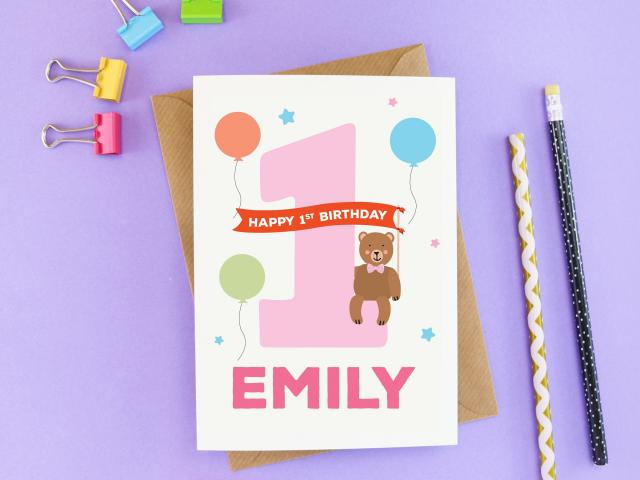 1st birthday girl card, Animal 1st birthday card, personalised girls 1st birthday card, First Birthday Card, cute animal card, birthday bear
