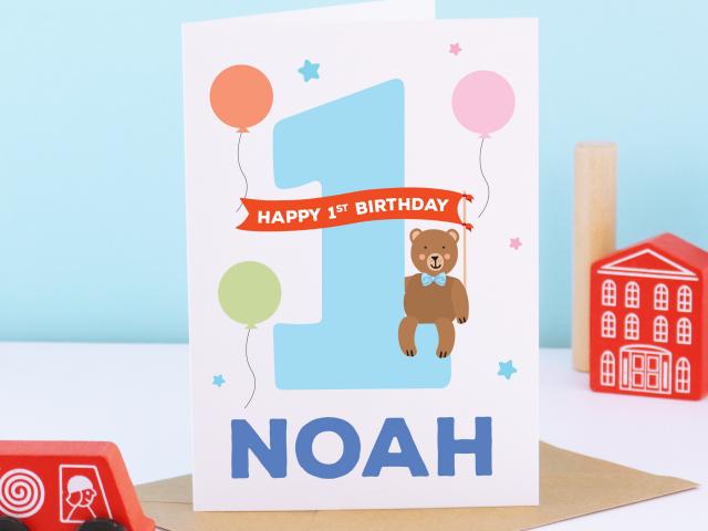1st birthday boy card, Animal 1st birthday card, personalised boy 1st birthday card, First Birthday Card, cute animal card, birthday bear