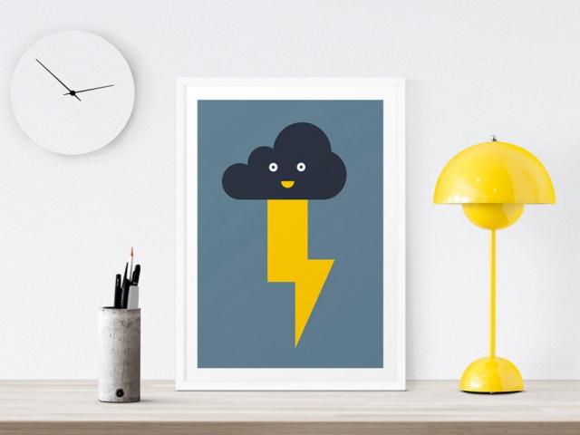 Lightning Bolt Print - Cloud Print, Baby Art Print, Weather, Boys Room Decor, Kids Room, Wall Art, Nursery Print, Blue